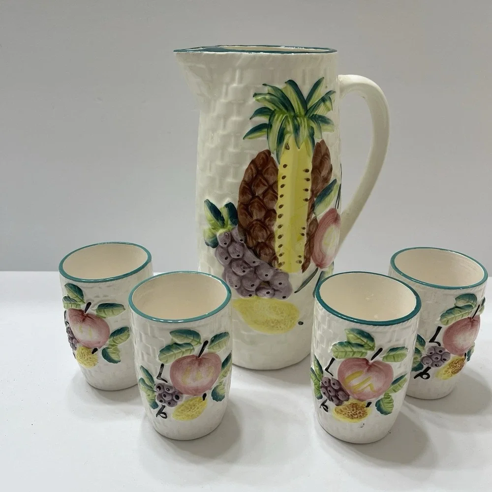 Vintage Hand-Painted Ceramic Picture Basket Weave Tropical Fruit 5 Tumblers